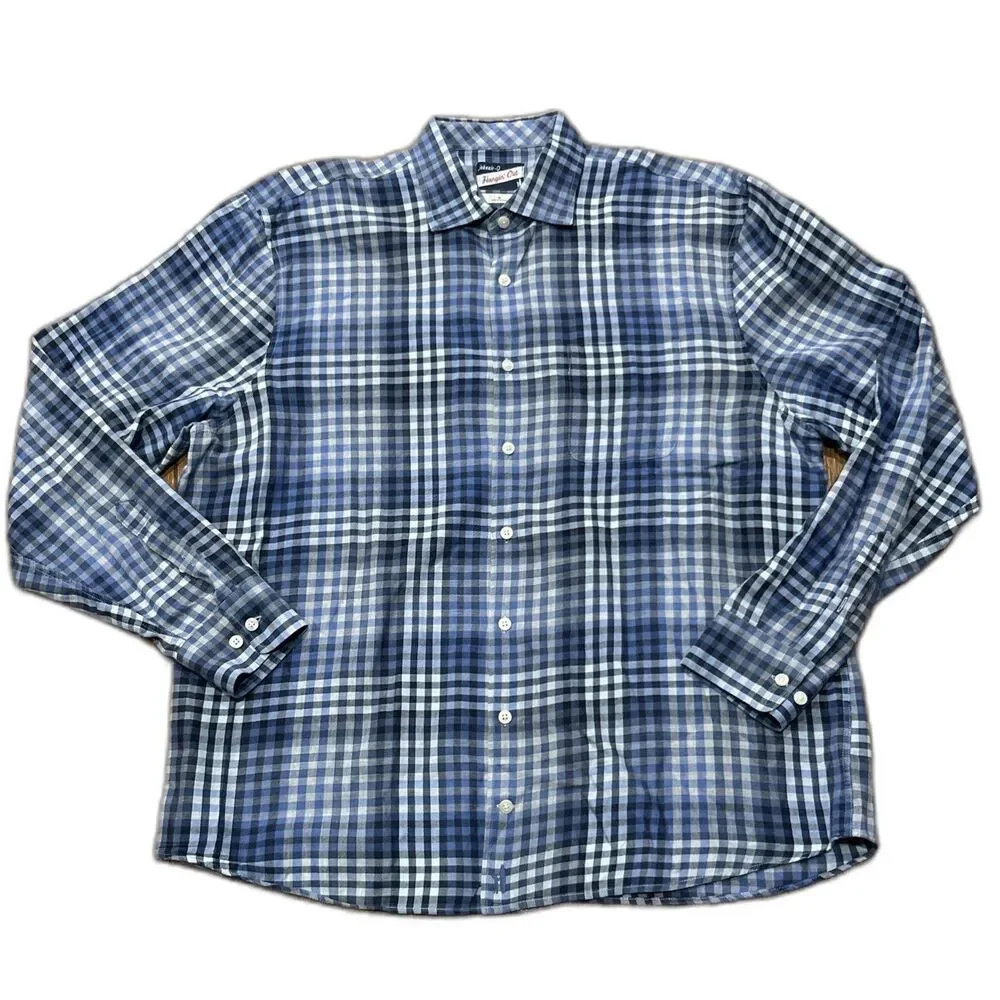 Johnnie-O Dress Shirt Mens XL BLue Plaid Cotton Hangin' Out Button Up